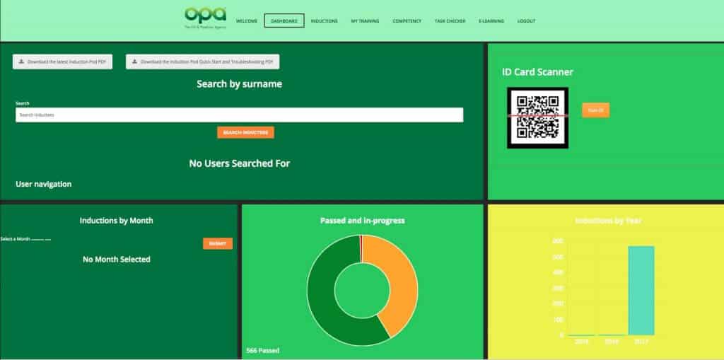 OPA induction dashboard screen, reports, admin, improve, induction system